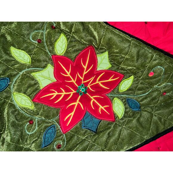 50" Poinsettia Velvet Sateen Pierced Quilted Embroidered Christmas Tree Skirt - Picture 6 of 12